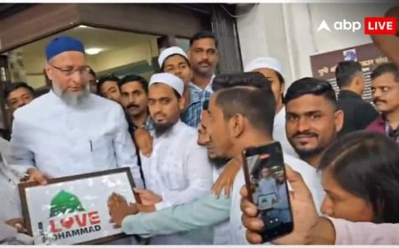 'I Love Muhammed' लिखी तस्वीर स्वीकार करने से ओवैसी ने किया इनकार, नाराज होकर बोले- इस पर हाथ रखो....