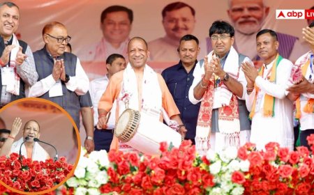 असमिया रंग में रंगे योगी, 'जापी' पहनी और बजाया पारंपरिक ढोल, कांग्रेस-यूडीएफ पर जमकर बरसे