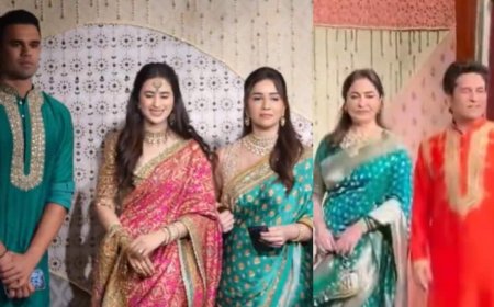 अंबानी गणपति सेलिब्रेशन में परिवार संग पहुंचे सचिन तेंदुलकर, साड़ी में सारा दिखीं बेहद खूबसूरत